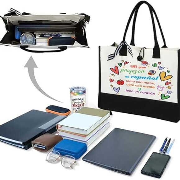 Spanish Teacher Tote Bag Canvas Organizer Appreciation Gift for Women - Picture 3 of 4